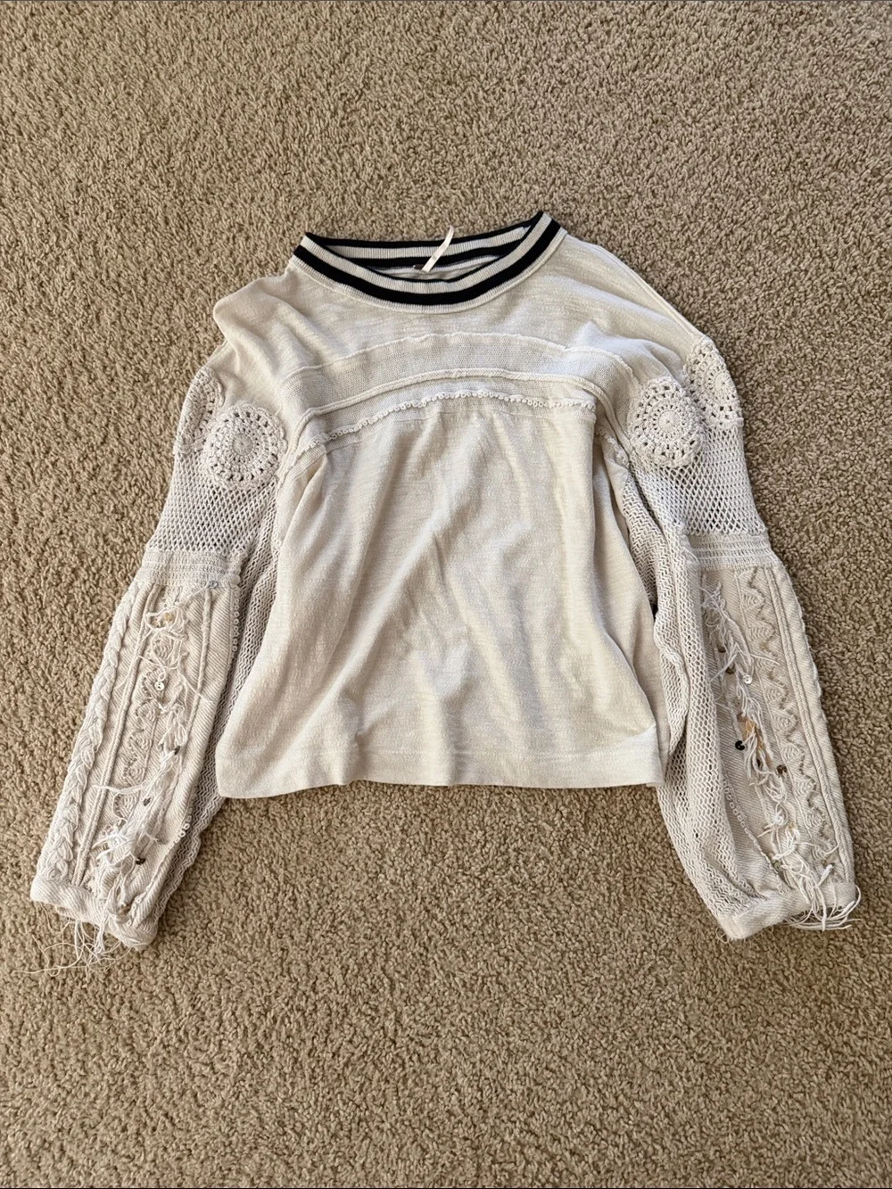 Free People Cream Knit Pullover with Crochet Lace Balloon Sleeves